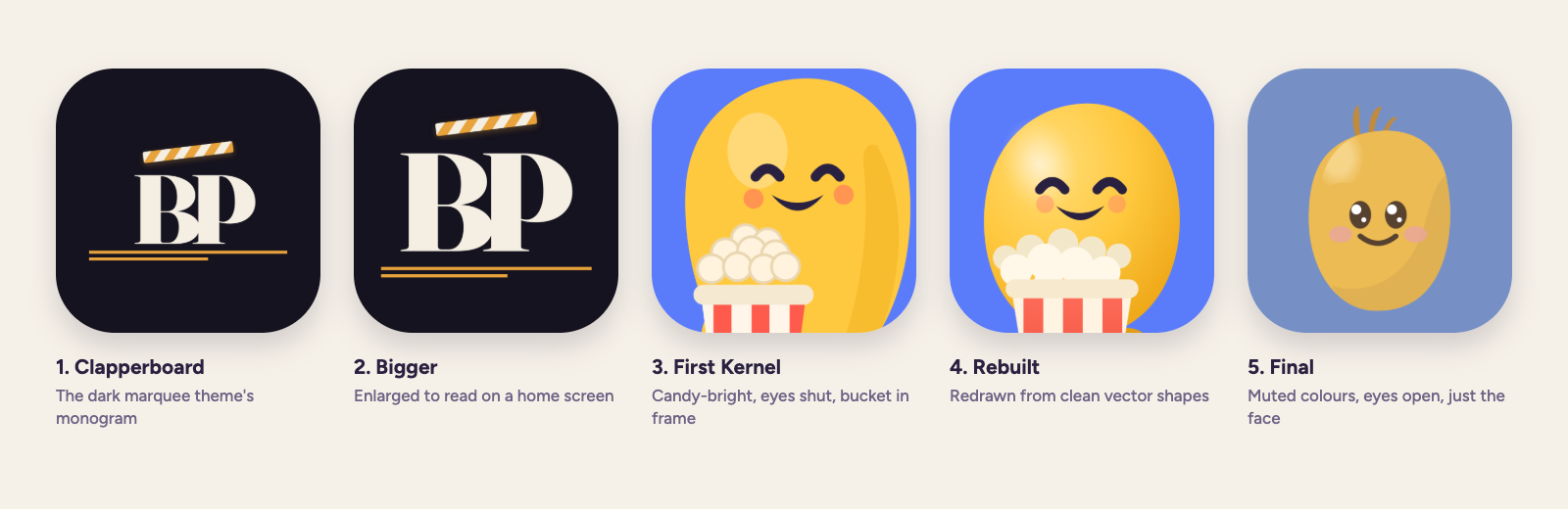 Five versions of the Bad Plot app icon in order: two dark clapperboard monograms, a bright yellow first Kernel with a popcorn bucket, a rebuilt Kernel, and the final muted Kernel face with open eyes