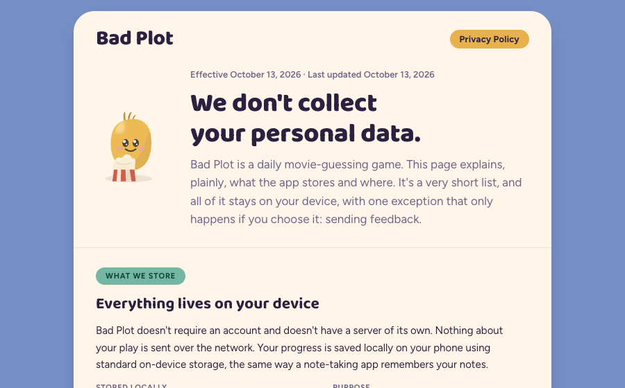 The Bad Plot privacy policy page, with Kernel beside the headline on a blue field