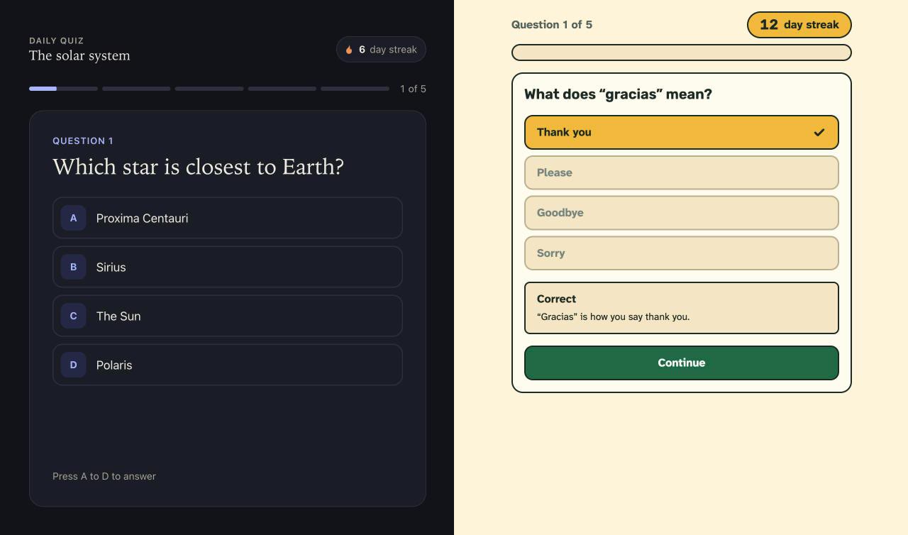 Two quiz screens side by side: on the left, a dark custom design the agent invented without Sidestep; on the right, a cream Sidestep screen built from its components, with a correct answer locked in