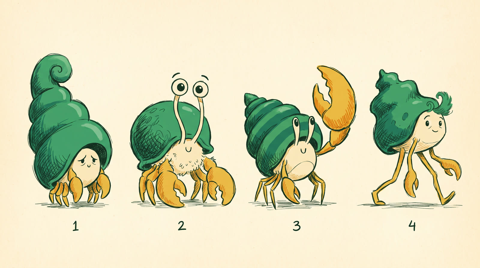 Four storybook-style concepts for Hubert with wobbly ink outlines and hatched shading: a tall spiral shell, a round fuzzy one, a striped shell with a raised claw, and a lopsided shell on long legs