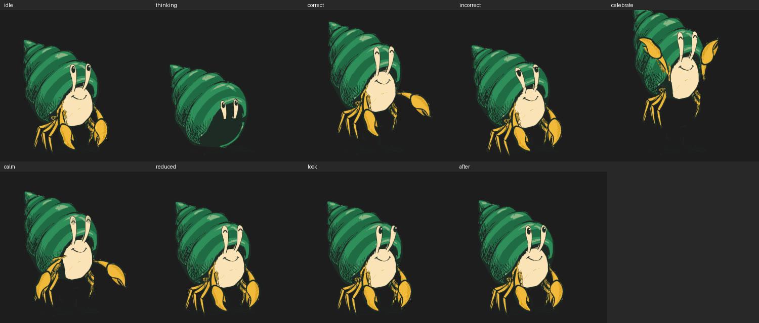 A grid of rendered frames from Hubert's Rive file: idle, thinking inside his shell, correct, incorrect, celebrate, then calm, reduced, looking, and after